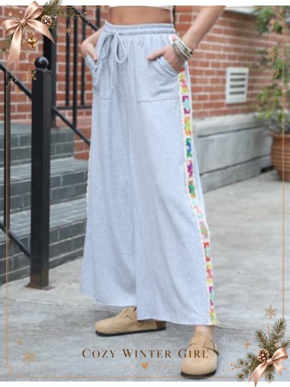 Wide Leg Crochet Panel Sweatpants Drawstring High Rise Pockets - Picture 5 of 6
